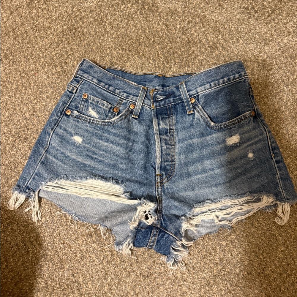 Levi 501 Distressed Blue Denim Shorts